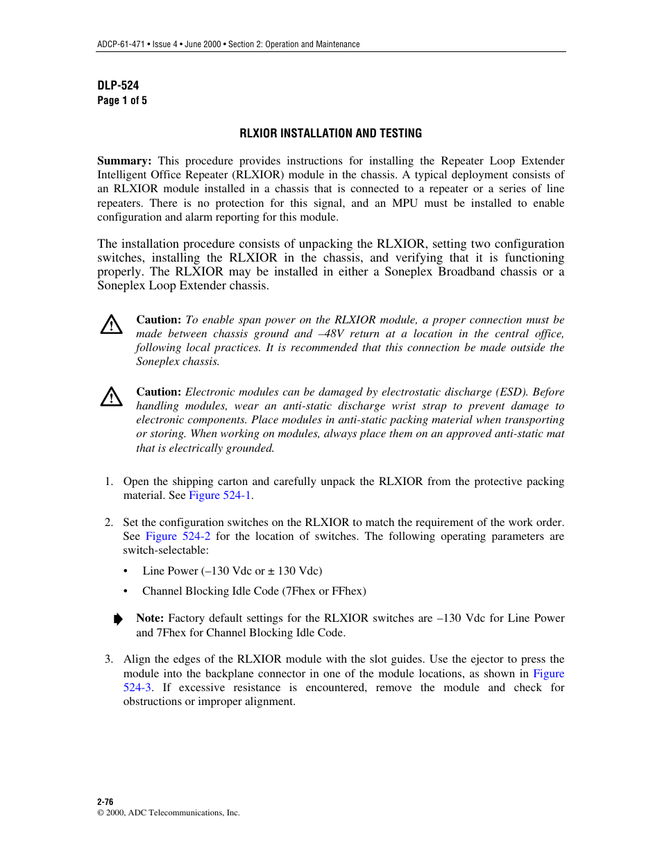 Rlxior installation and testing, Dlp-524 | ADC Soneplex Broadband System User Manual | Page 99 / 342