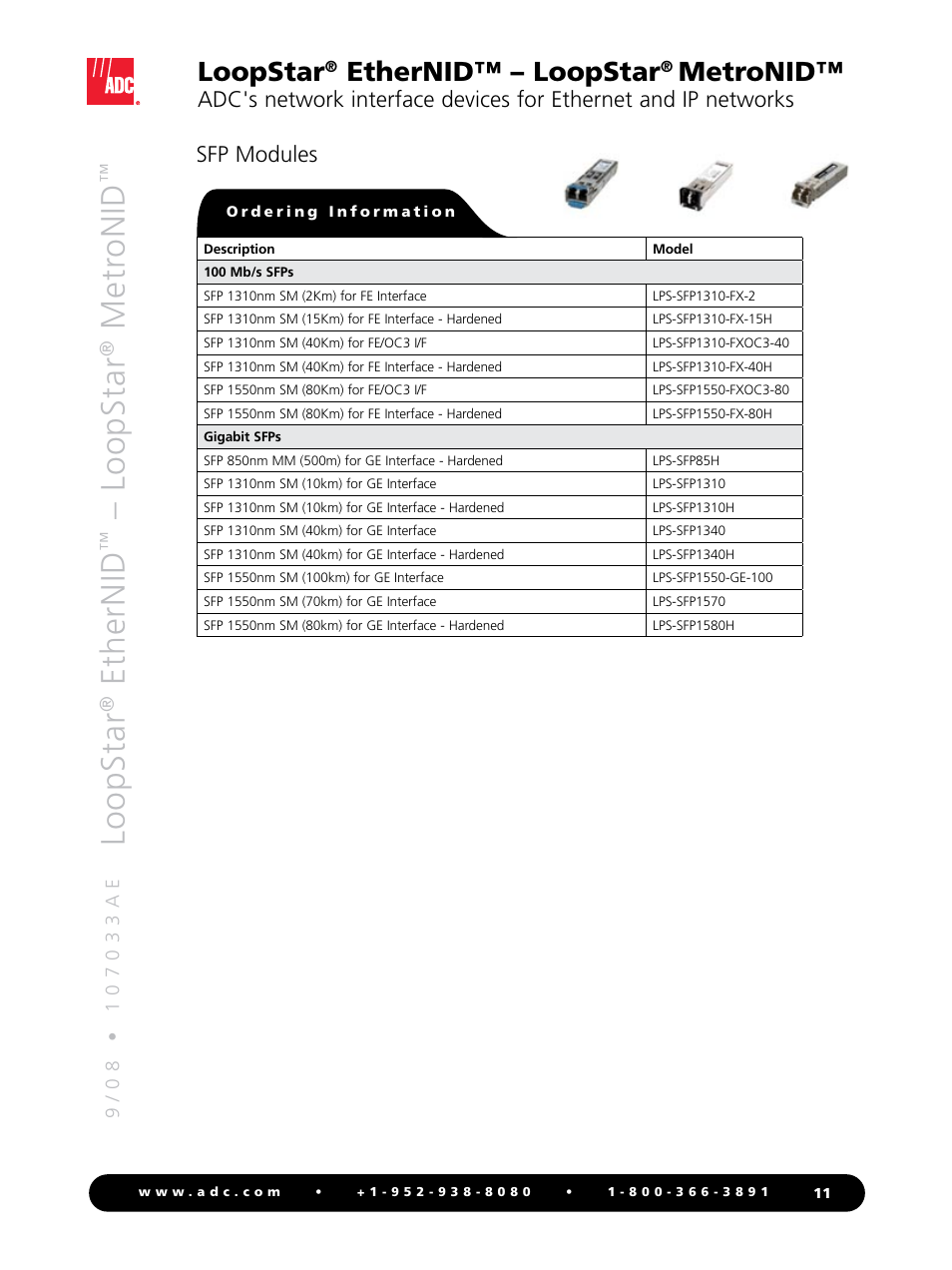 Loopstar, Ethernid, Metr onid | Ethernid™ – loopstar, Metronid, Sfp modules | ADC LoopStar MetroNID User Manual | Page 11 / 12