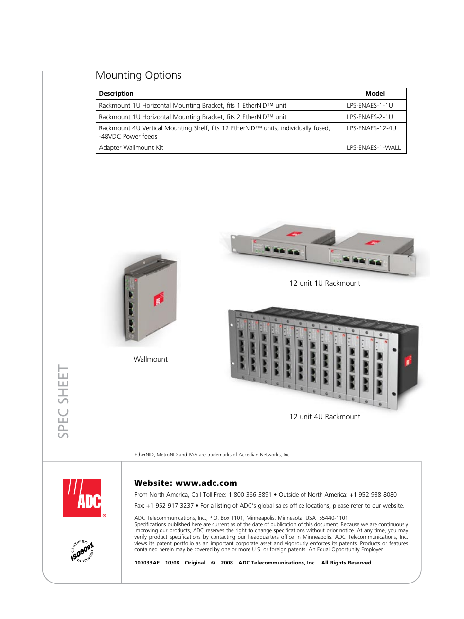 Spec sheet, Mounting options | ADC LoopStar MetroNID User Manual | Page 12 / 12