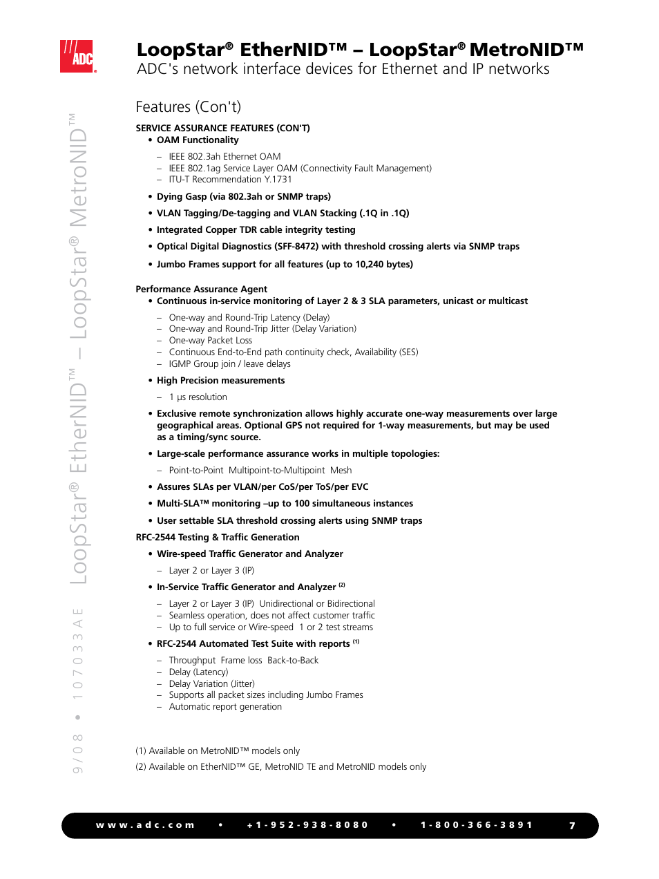 Loopstar, Ethernid, Metr onid | Ethernid™ – loopstar, Metronid, Features (con't) | ADC LoopStar MetroNID User Manual | Page 7 / 12