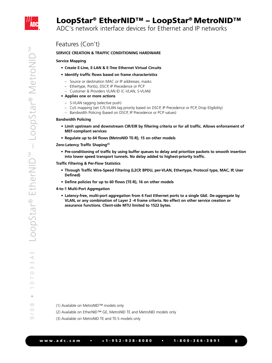 Loopstar, Ethernid, Metr onid | Ethernid™ – loopstar, Metronid, Features (con't) | ADC LoopStar MetroNID User Manual | Page 8 / 12