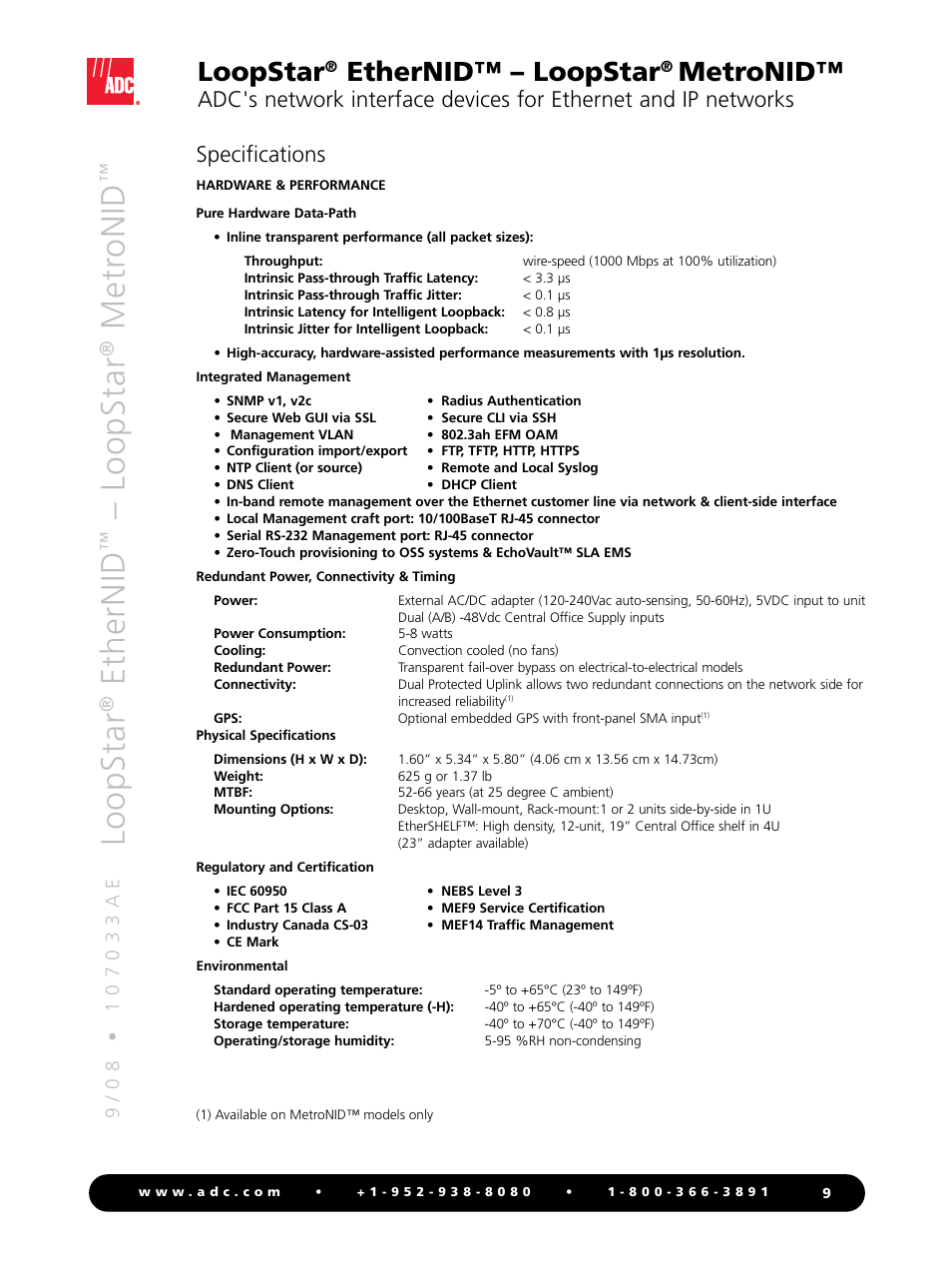 Loopstar, Ethernid, Metr onid | Ethernid™ – loopstar, Metronid, Specifications | ADC LoopStar MetroNID User Manual | Page 9 / 12