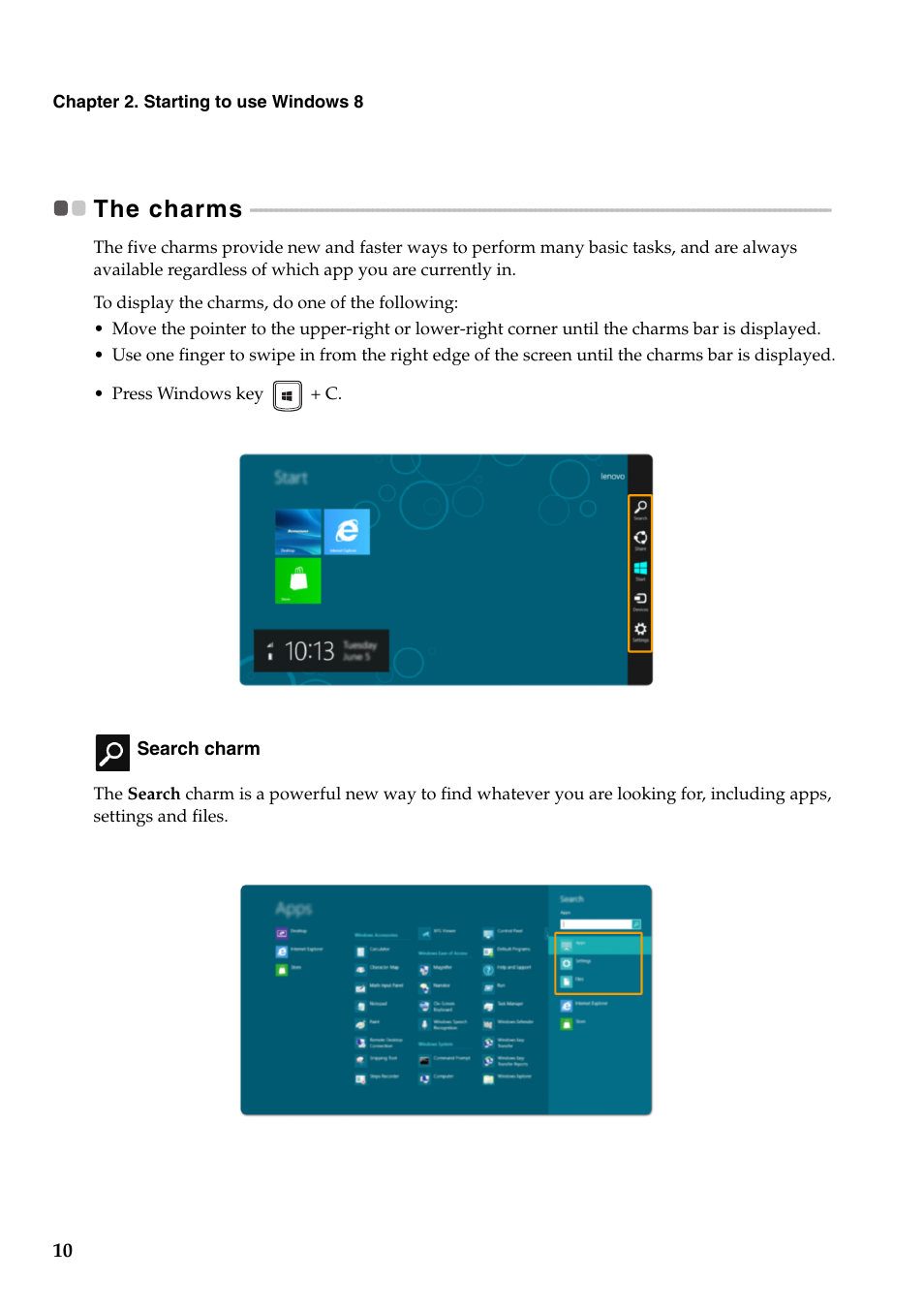The charms | Lenovo Flex 10 Notebook Lenovo User Manual | Page 14 / 30