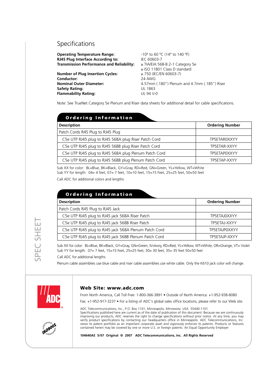 Sp ec s h ee t, Specifications | ADC Ethernet Distribution Frame TrueNet User Manual | Page 2 / 2