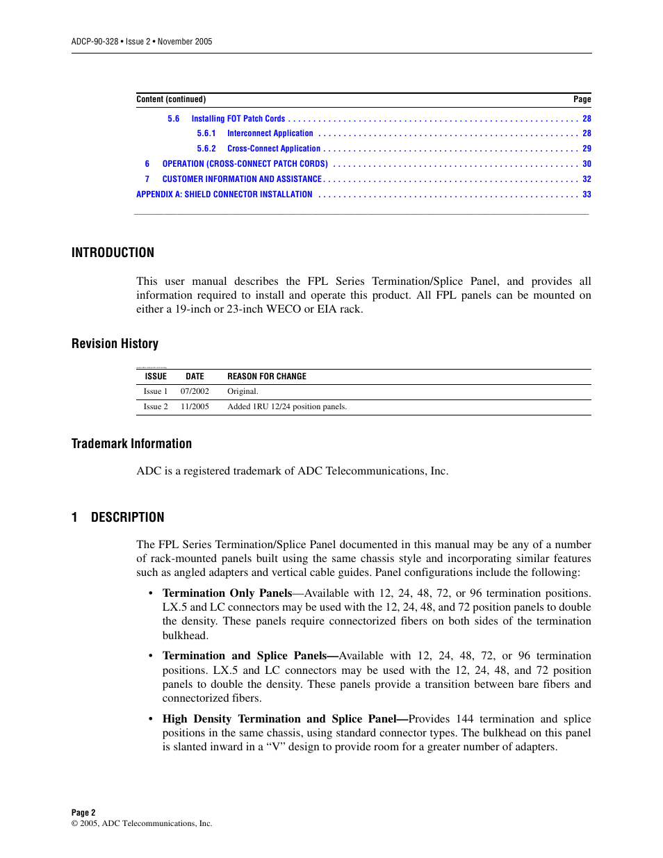 Introduction, Revision history, Trademark information | 1 description, Description, 1description | ADC FPL Series User Manual | Page 2 / 34