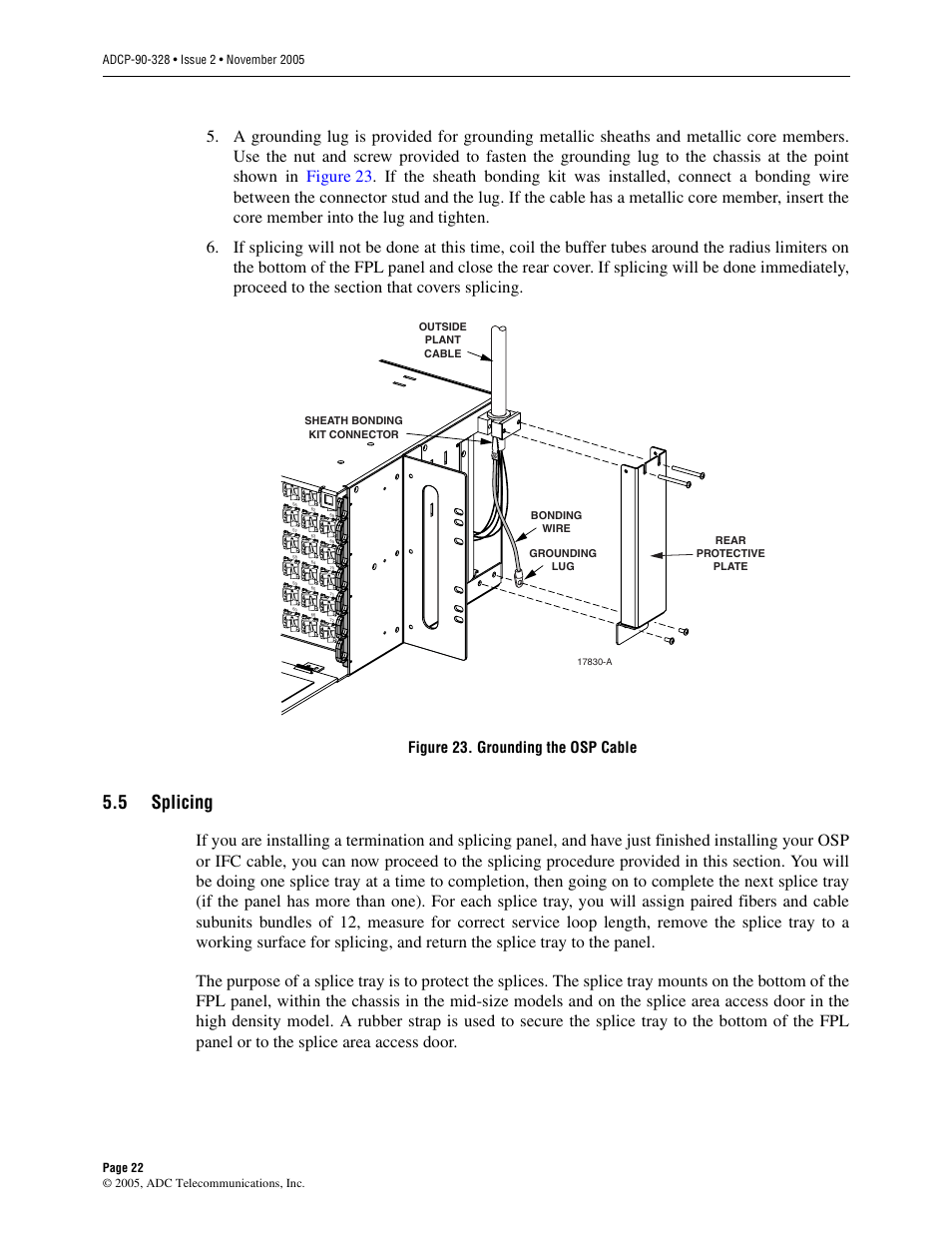 5 splicing, Splicing, Figure 23. grounding the osp cable | ADC FPL Series User Manual | Page 22 / 34