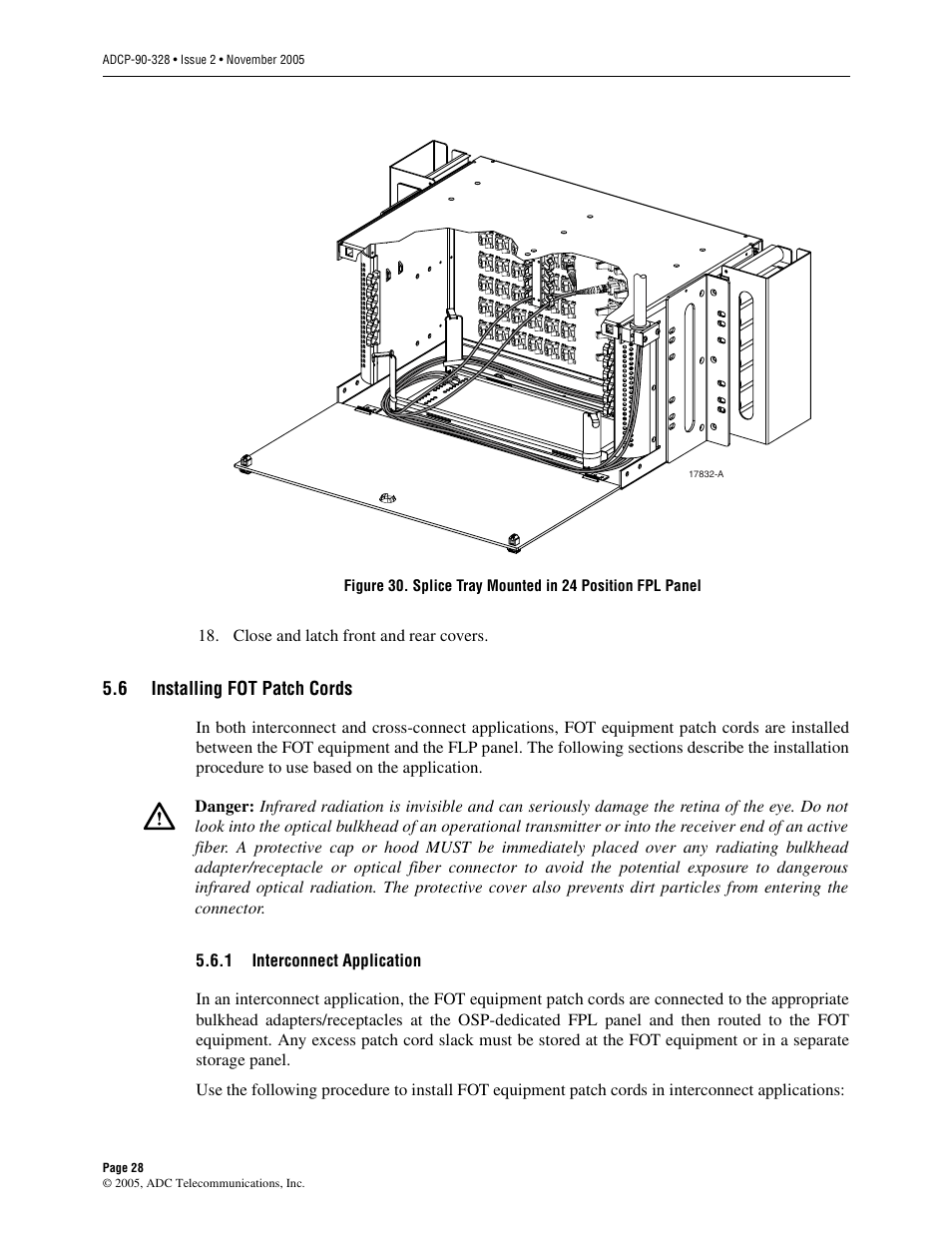 6 installing fot patch cords, 1 interconnect application, Installing fot patch cords | ADC FPL Series User Manual | Page 28 / 34