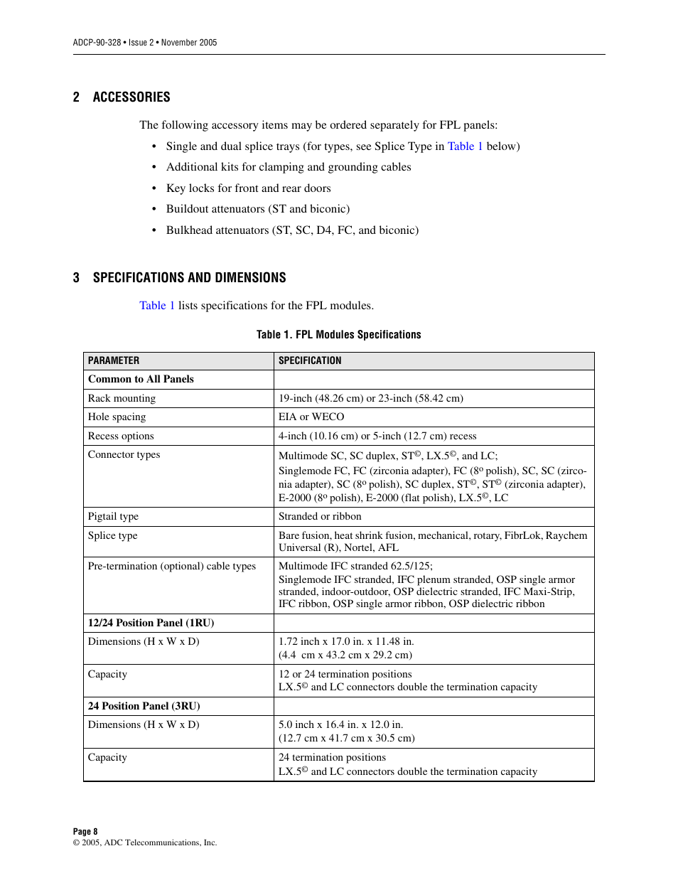 2 accessories, 3 specifications and dimensions, Accessories | Specifications and dimensions | ADC FPL Series User Manual | Page 8 / 34