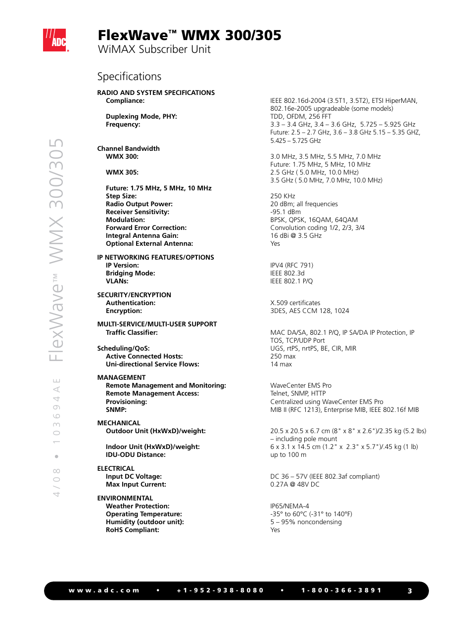 Flexw ave, Flexwave, Wimax subscriber unit | Specifications | ADC WMX 300 User Manual | Page 3 / 4