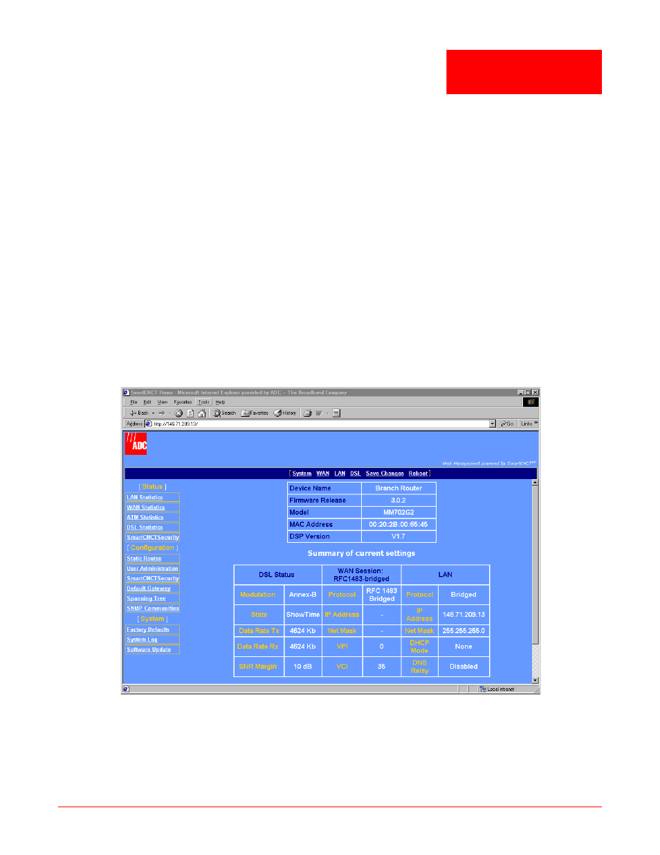 Managing the modem, View system status, View modem status | Chapter 9: managing the modem -1, View system status -1, View modem status -1, Figure 9-1. system status, Chapter 9: managing the modem, 9chapter | ADC MM701G2 User Manual | Page 75 / 134