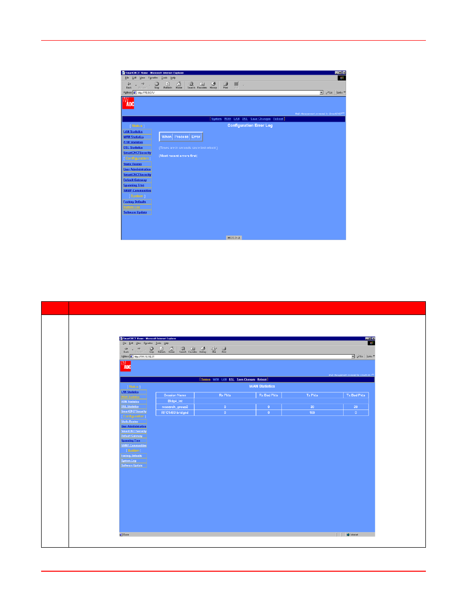 View wan statistics, View wan statistics -3, Figure 9-2. configuration error log | Figure 9-3. wan statistics, Figure 9-2, Wan s | ADC MM701G2 User Manual | Page 77 / 134