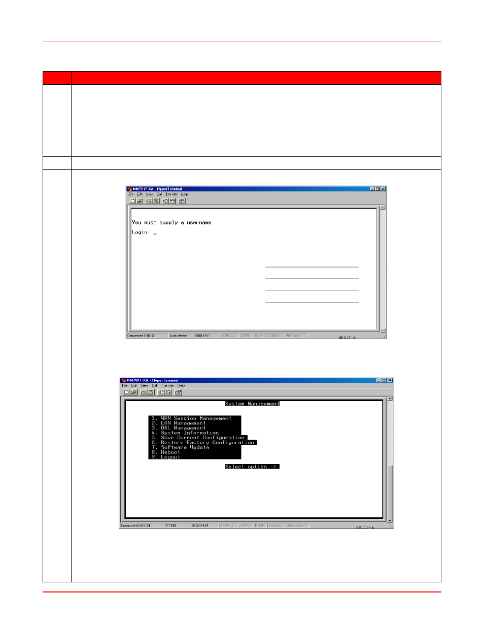 Figure a-3. login prompt, Figure a-4. system management main menu | ADC MM701G2 User Manual | Page 92 / 134