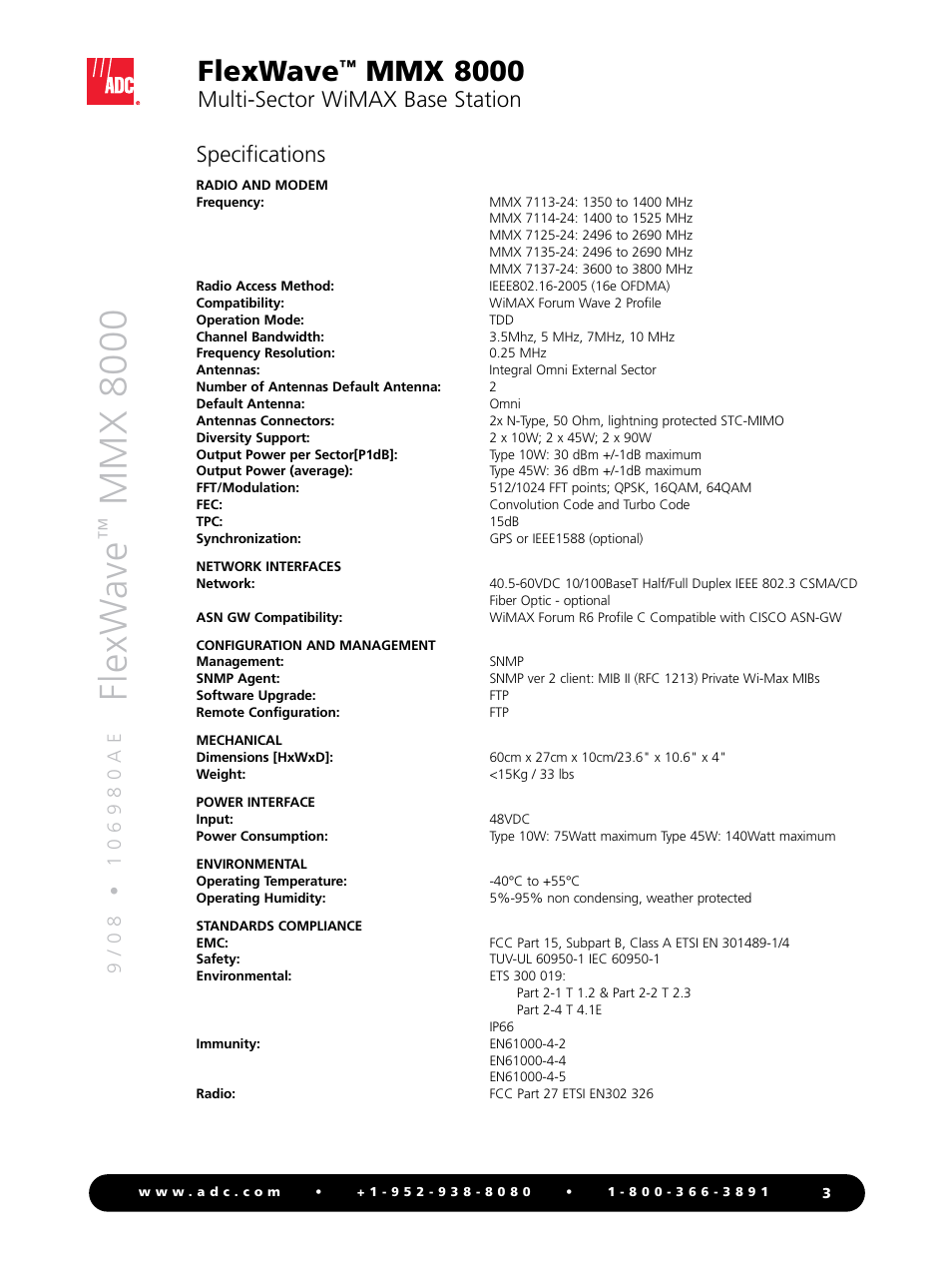 Flexw ave, Mmx 8000, Flexwave | Multi-sector wimax base station, Specifications | ADC FlexWave MMX 8000 User Manual | Page 3 / 4