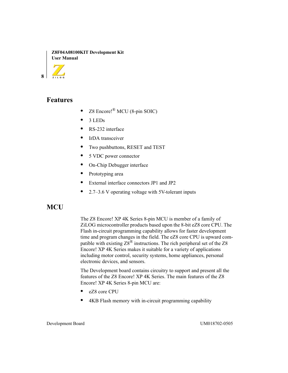 Features, Features mcu | ADC Z8F04A08100KIT User Manual | Page 14 / 24