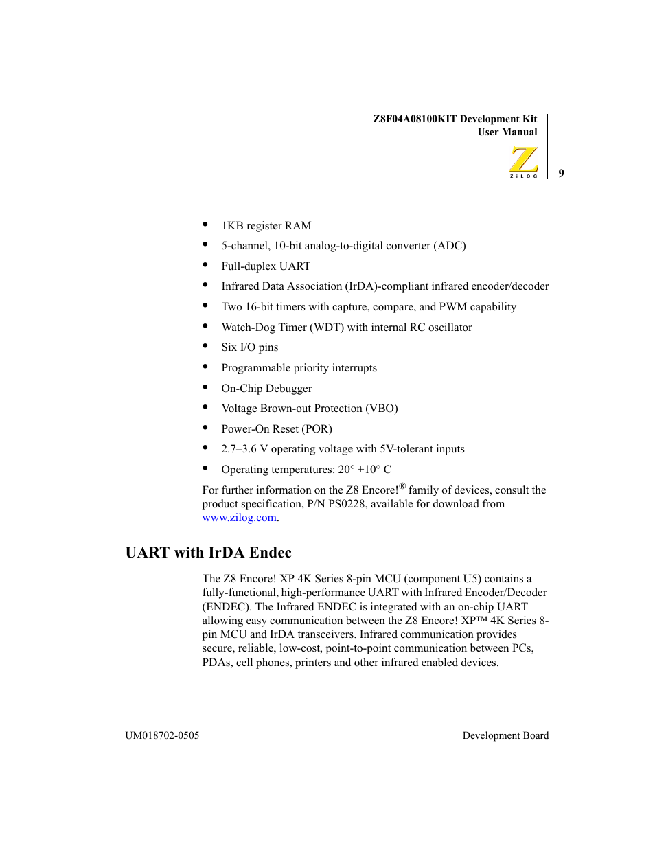Uart with irda endec | ADC Z8F04A08100KIT User Manual | Page 15 / 24