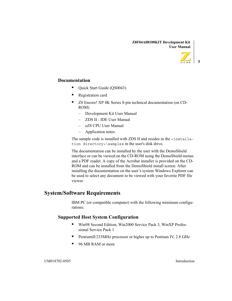 Documentation, System/software requirements, Supported host system configuration | ADC Z8F04A08100KIT User Manual | Page 9 / 24