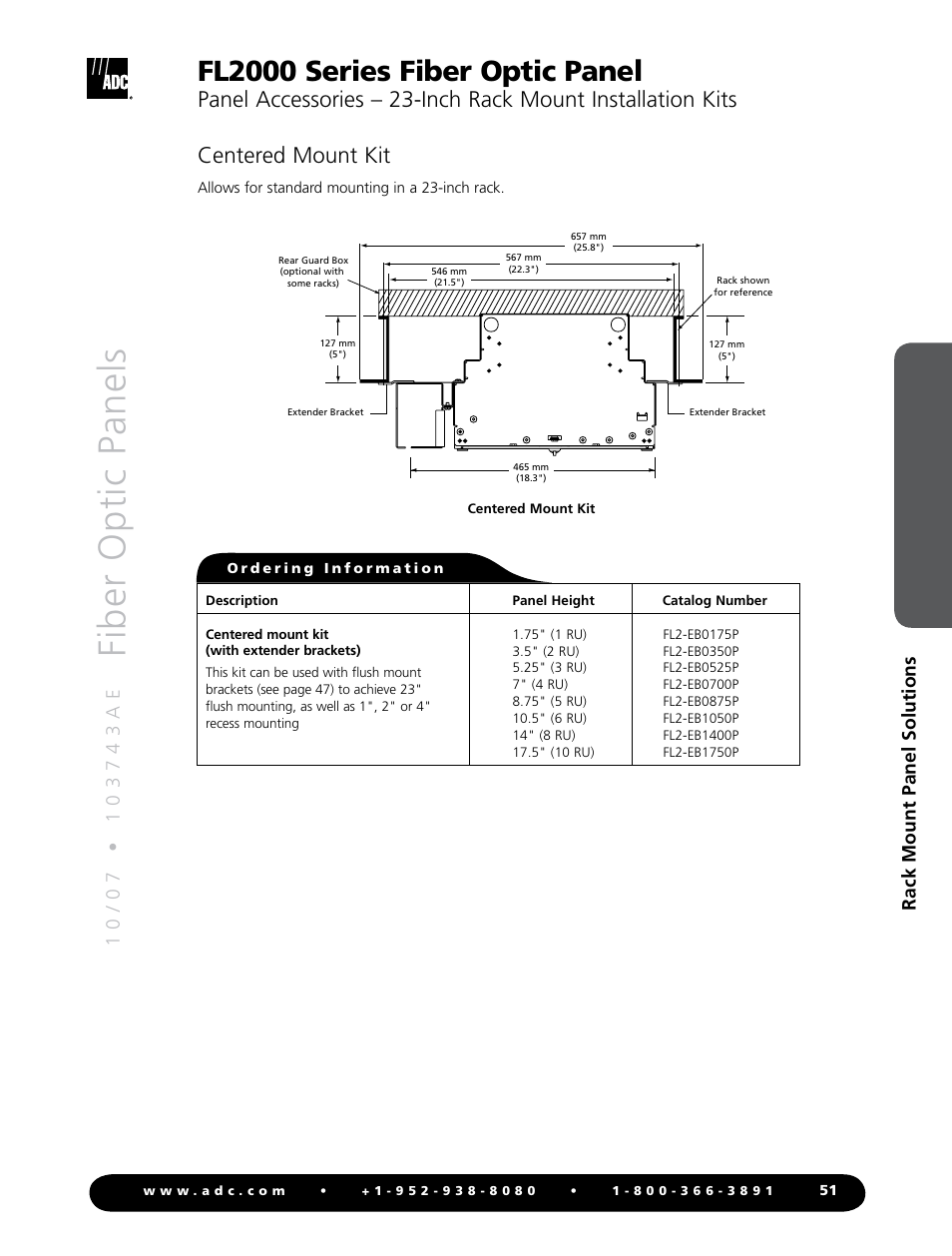 Fiber optic panels, Fl2000 series fiber optic panel, Centered mount kit | Rack mount panel solutions | ADC Fiber Optic Panel FL2000 Series User Manual | Page 14 / 19