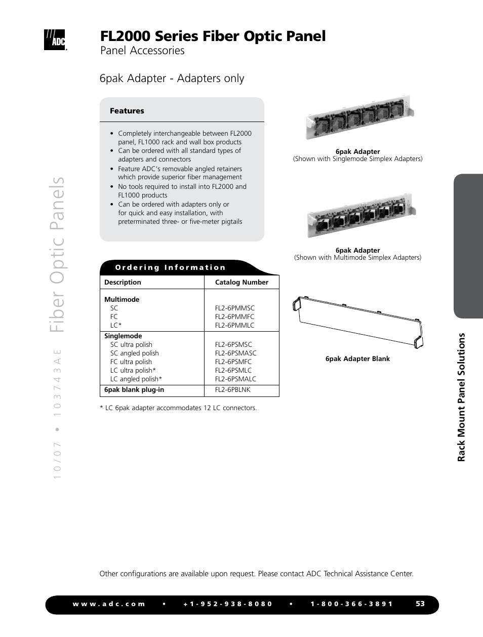 Fiber optic panels, Fl2000 series fiber optic panel, 6pak adapter - adapters only | Panel accessories | ADC Fiber Optic Panel FL2000 Series User Manual | Page 16 / 19