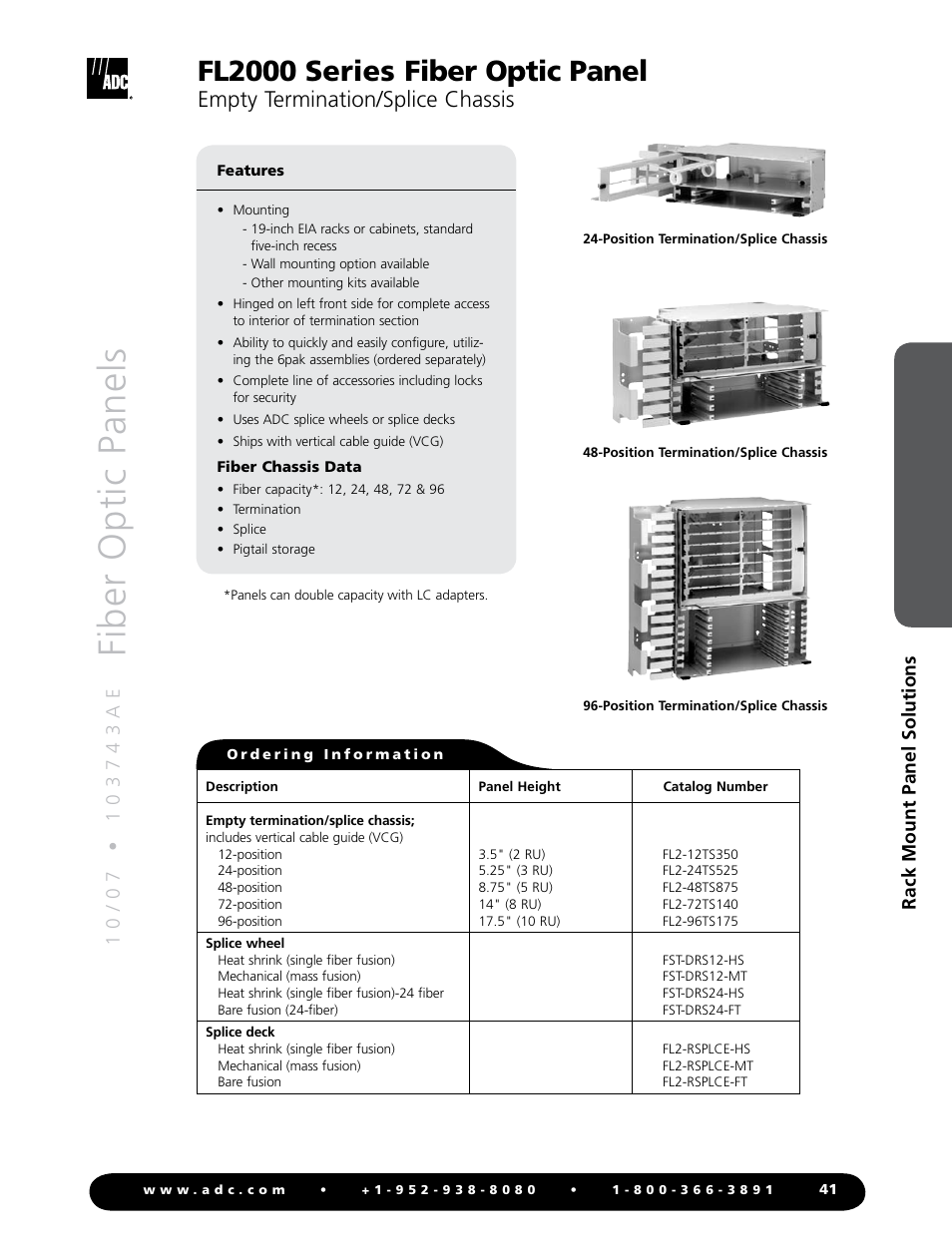 Fiber optic panels, Fl2000 series fiber optic panel, Empty termination/splice chassis | ADC Fiber Optic Panel FL2000 Series User Manual | Page 4 / 19