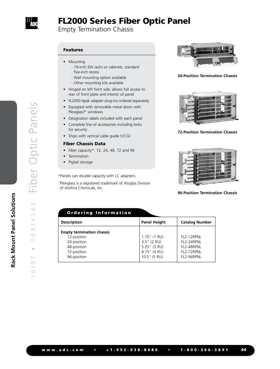 Fiber optic panels, Fl2000 series fiber optic panel, Empty termination chassis | Rack mount panel solutions | ADC Fiber Optic Panel FL2000 Series User Manual | Page 7 / 19