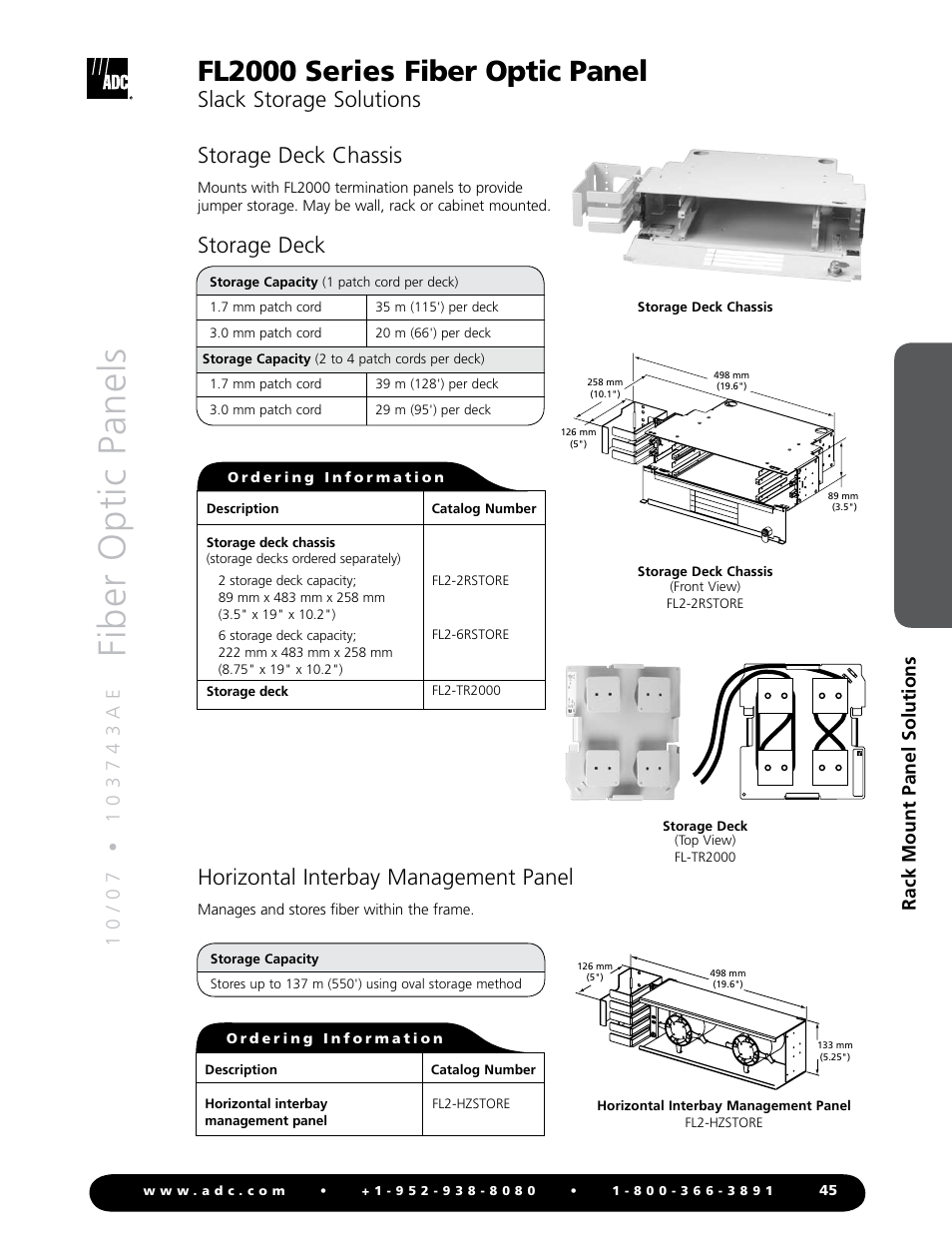 Fiber optic panels, Fl2000 series fiber optic panel, Horizontal interbay management panel | Storage deck chassis, Slack storage solutions, Storage deck, Rack mount panel solutions | ADC Fiber Optic Panel FL2000 Series User Manual | Page 8 / 19