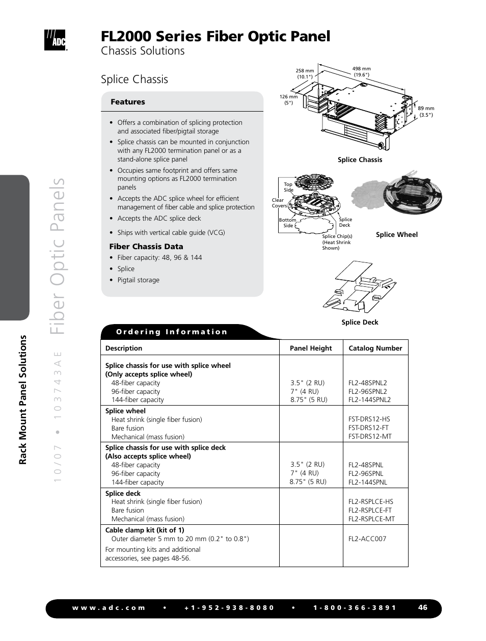 Fiber optic panels, Fl2000 series fiber optic panel, Chassis solutions | Splice chassis, Rack mount panel solutions | ADC Fiber Optic Panel FL2000 Series User Manual | Page 9 / 19