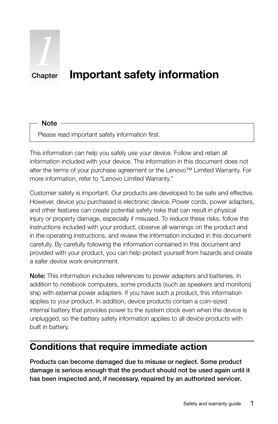 Important safety information, Conditions that require immediate action | Lenovo Beacon User Manual | Page 6 / 49