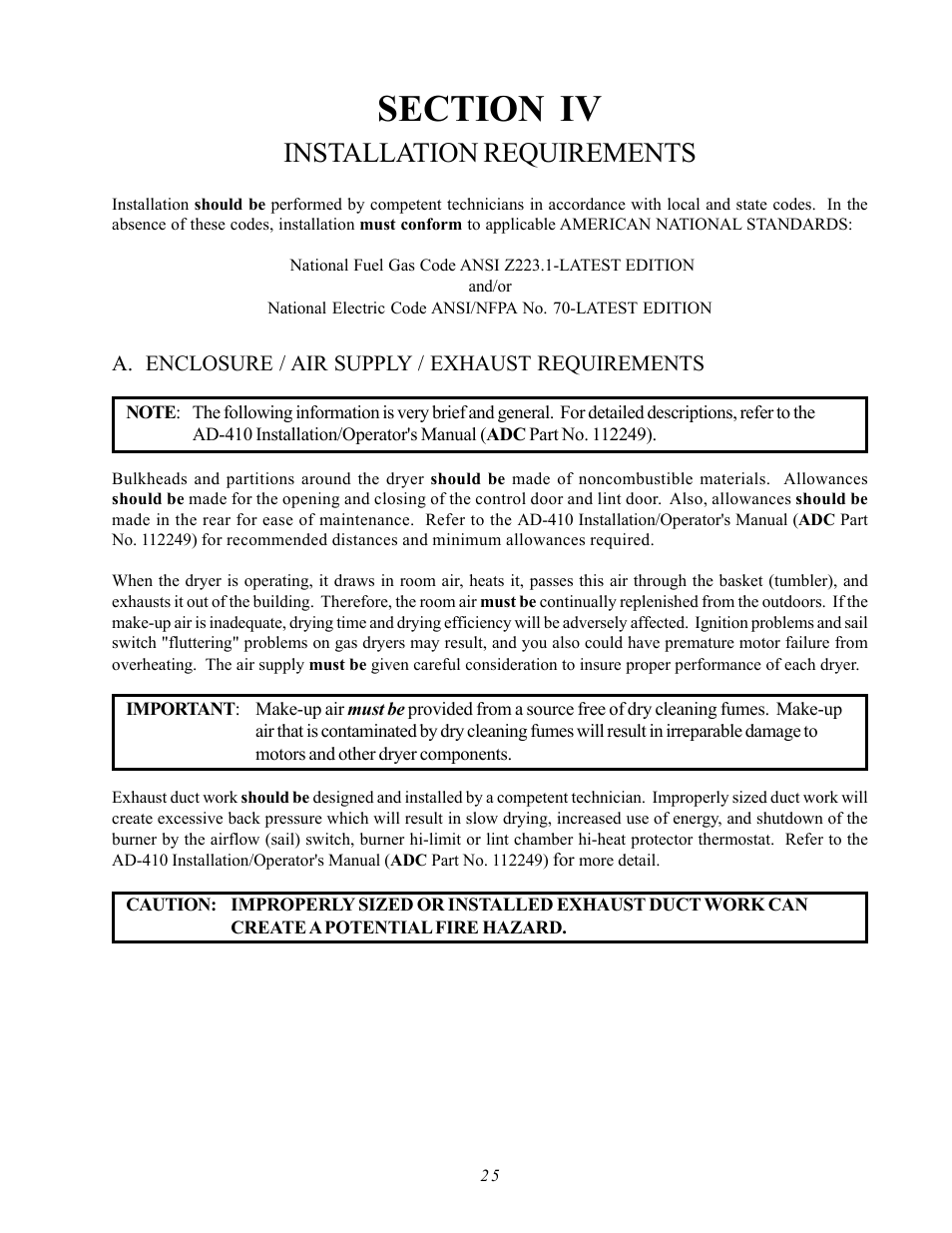 Section iv installation requirements, A. enclosure/air supply/exhaust requirements, Installation requirements | ADC AD-410 User Manual | Page 29 / 118