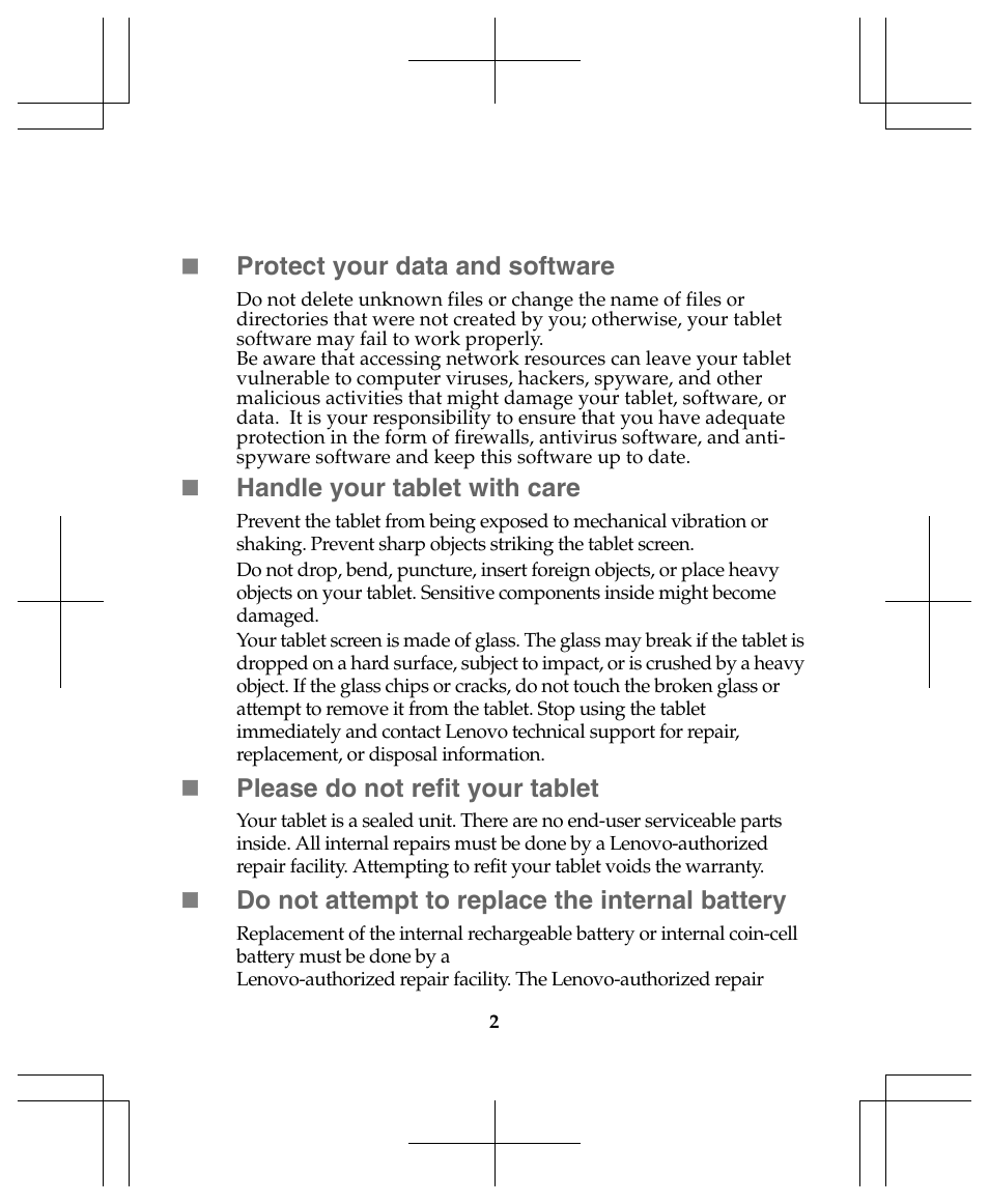 Protect your data and software, Handle your tablet with care, Please do not refit your tablet | Do not attempt to replace the internal battery | Lenovo IdeaTab Lynx K3011W User Manual | Page 2 / 18