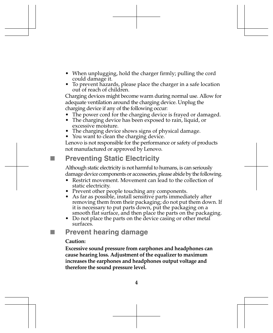 Preventing static electricity, Prevent hearing damage | Lenovo IdeaTab Lynx K3011W User Manual | Page 4 / 18