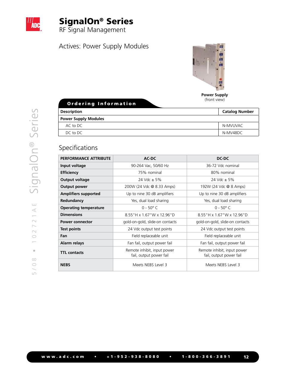 Signalon, Series, Rf signal management | Actives: power supply modules specifications | ADC RF Signal Management SignalOn Series User Manual | Page 12 / 16