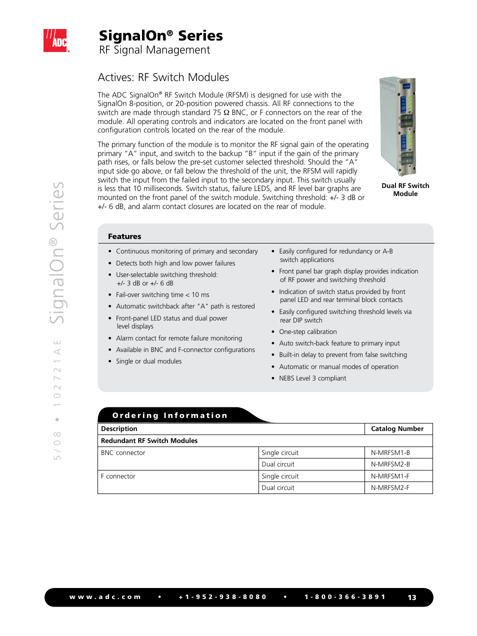 Signalon, Series, Rf signal management | Actives: rf switch modules | ADC RF Signal Management SignalOn Series User Manual | Page 13 / 16