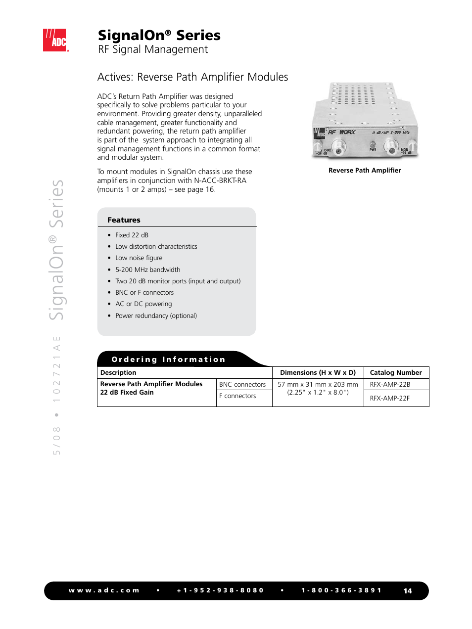 Signalon, Series, Rf signal management | Actives: reverse path amplifier modules | ADC RF Signal Management SignalOn Series User Manual | Page 14 / 16