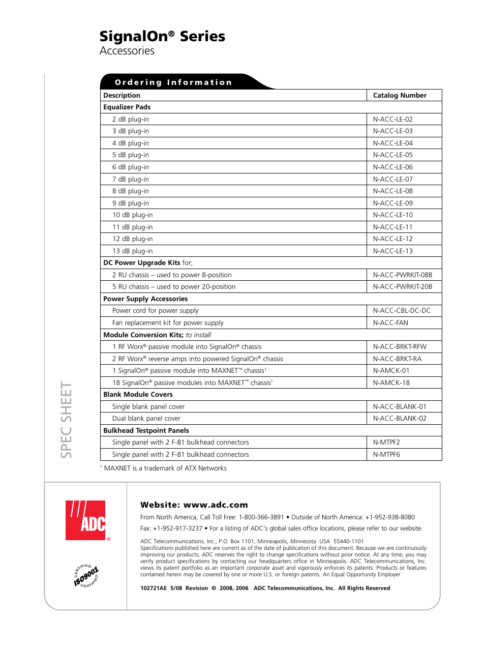 Spec sheet, Signalon, Series | Accessories | ADC RF Signal Management SignalOn Series User Manual | Page 16 / 16