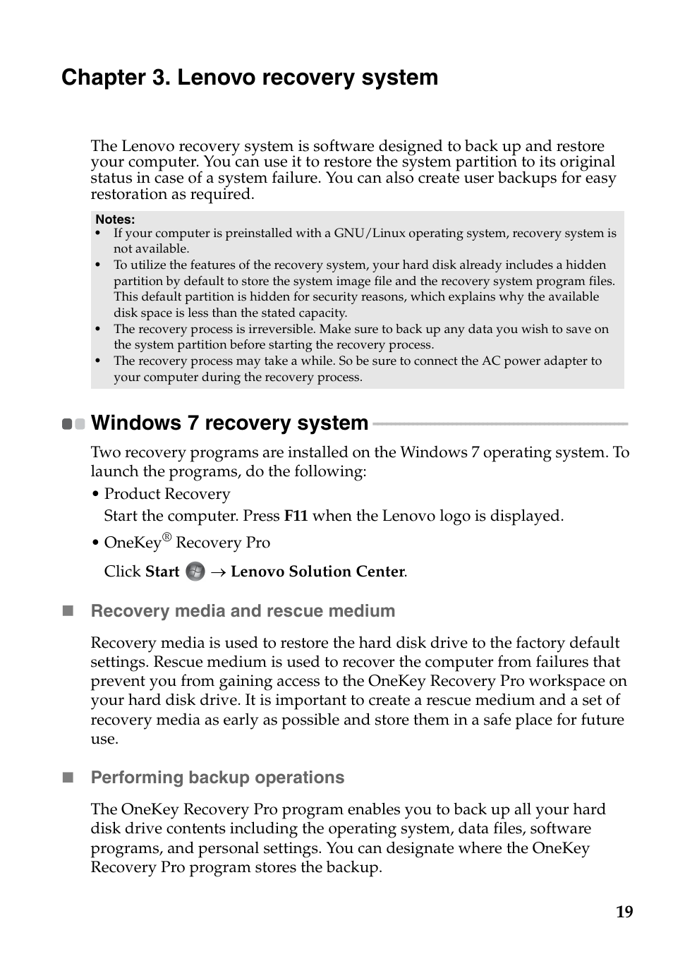 Chapter 3. lenovo recovery system, Windows 7 recovery system | Lenovo B4400 Notebook User Manual | Page 23 / 50