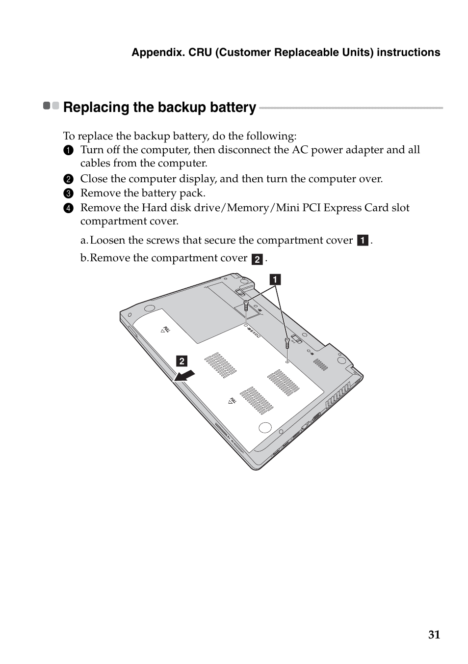 Replacing the backup battery | Lenovo B4400 Notebook User Manual | Page 35 / 50