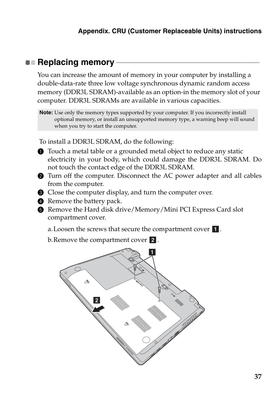 Replacing memory | Lenovo B4400 Notebook User Manual | Page 41 / 50