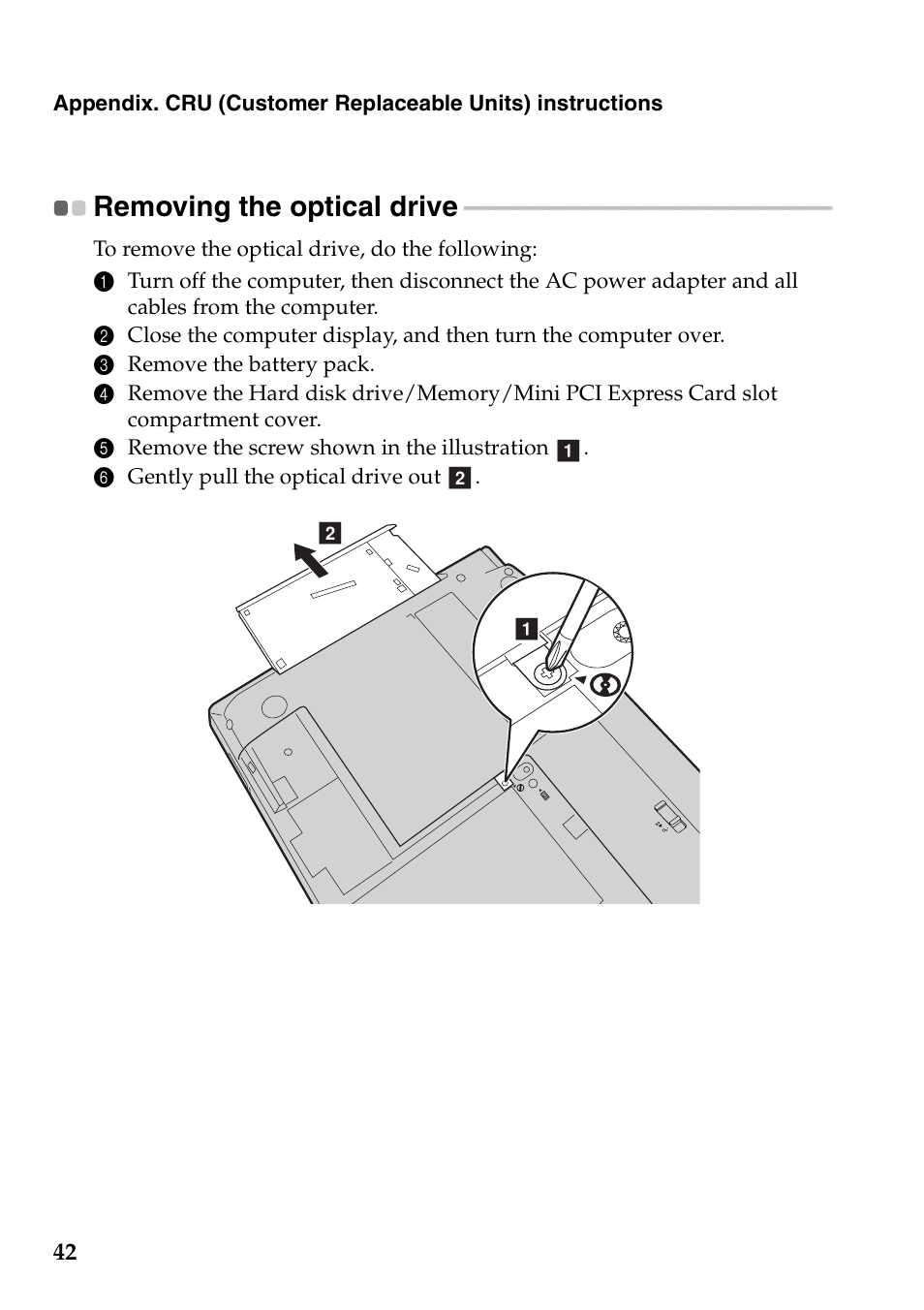 Removing the optical drive | Lenovo B4400 Notebook User Manual | Page 46 / 50