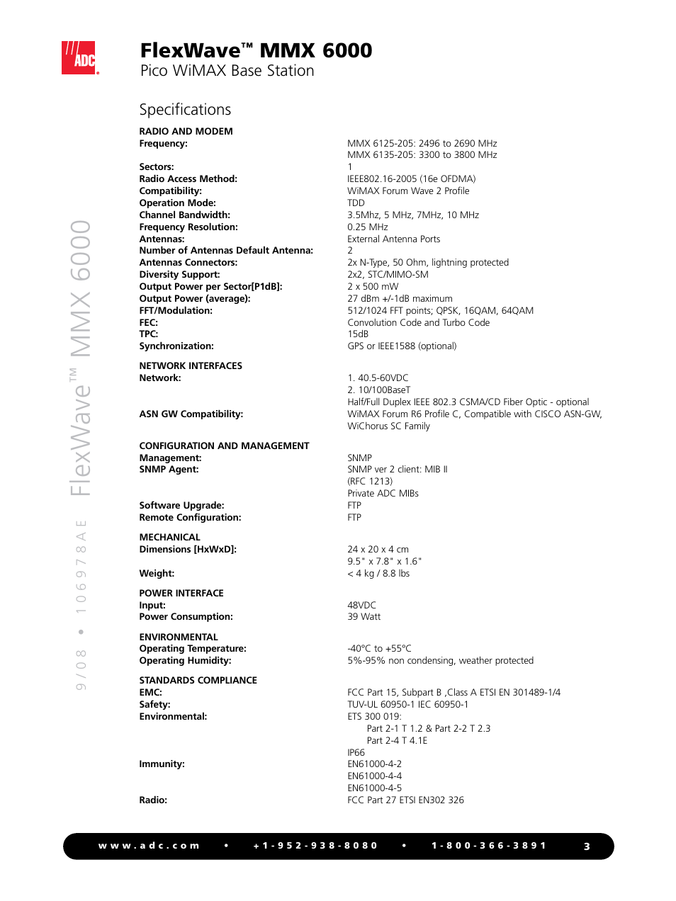 Flexw ave, Mmx 6000, Flexwave | Pico wimax base station, Specifications | ADC FlexWave MMX 6000 User Manual | Page 3 / 4