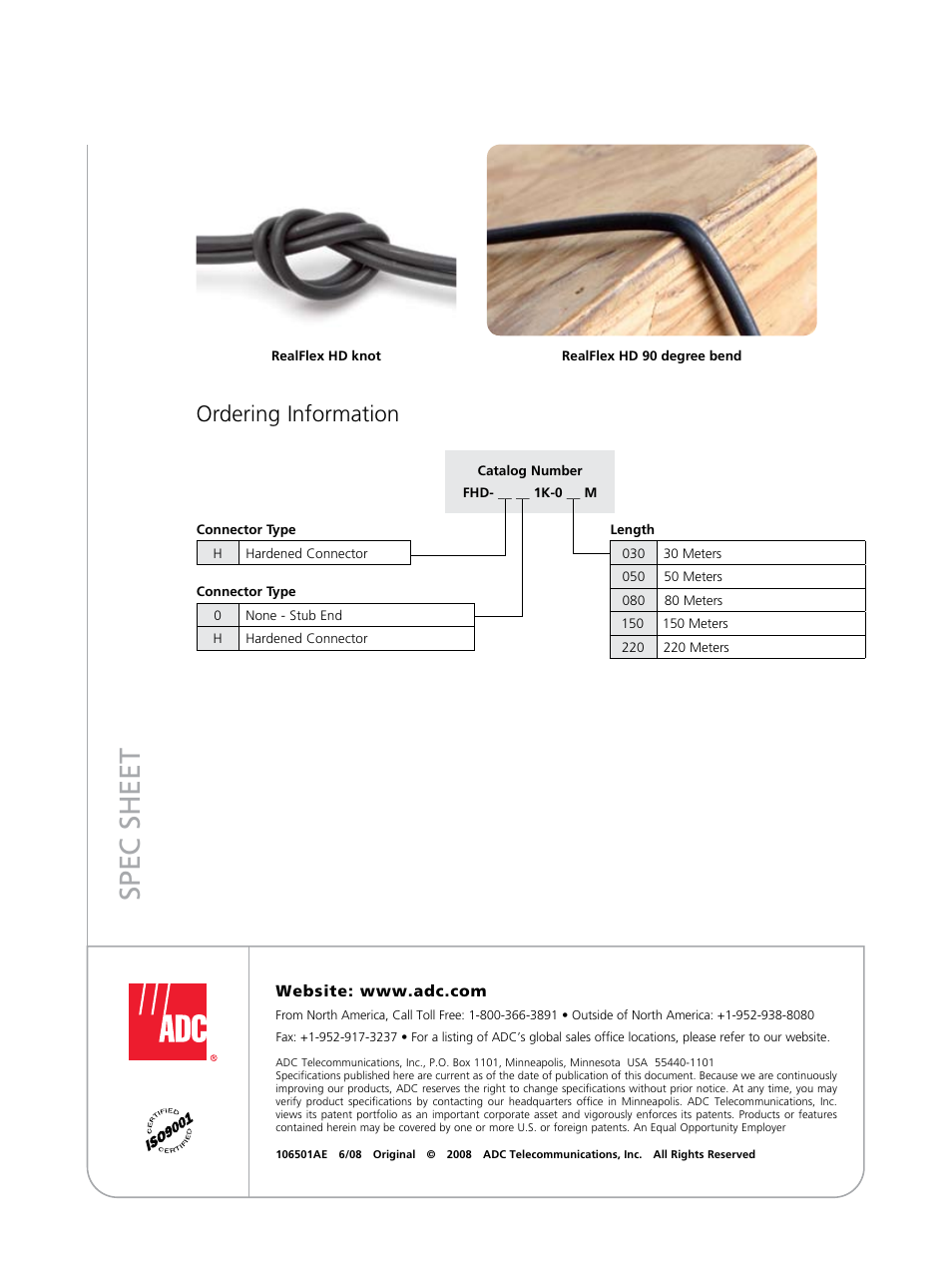 Spec sheet, Ordering information | ADC RealFlex Drop Cables User Manual | Page 2 / 2