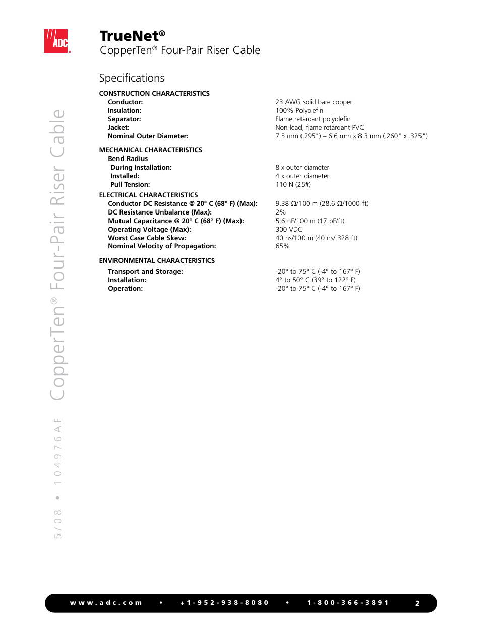 Copperten, Four-pair riser cable, Truenet | Specifications | ADC TrueNet Four-Pair Riser Cable User Manual | Page 2 / 4