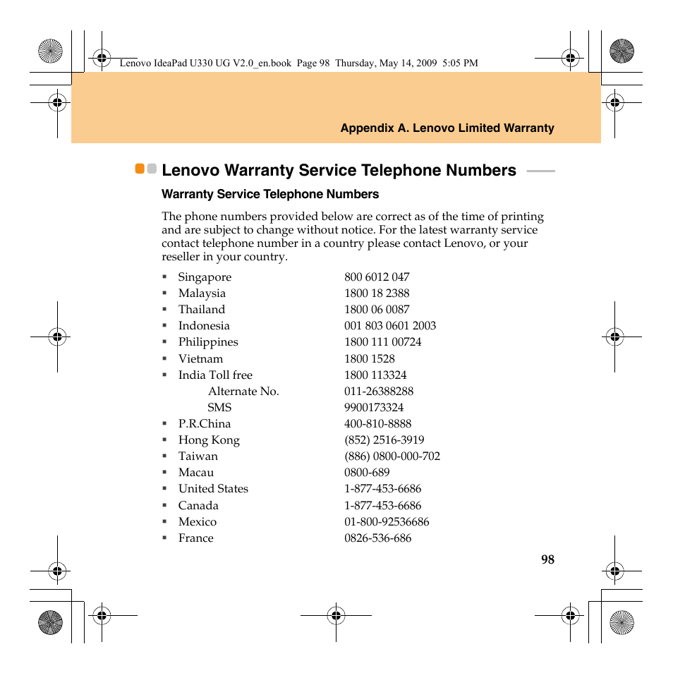 Lenovo warranty service telephone numbers, Lenovo warranty service, Telephone numbers | You, see | Lenovo IdeaPad U330 User Manual | Page 107 / 135