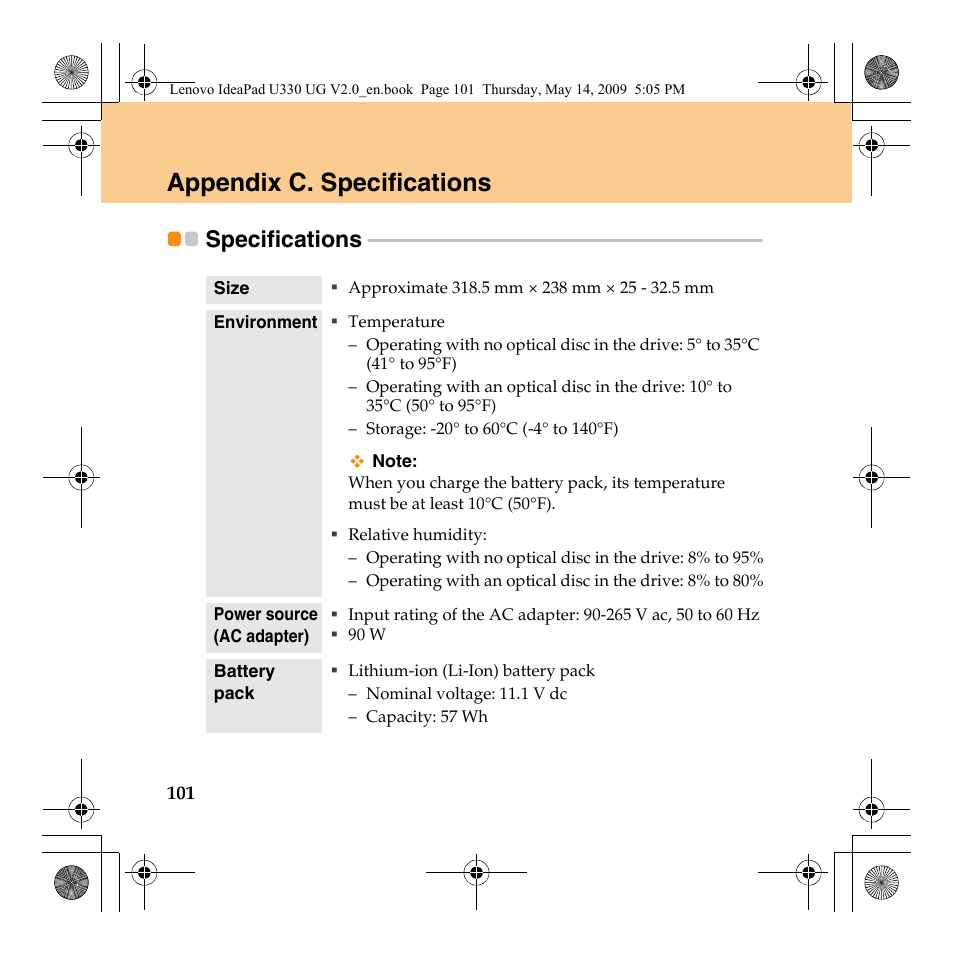 Appendix c. specifications, Specifications | Lenovo IdeaPad U330 User Manual | Page 110 / 135