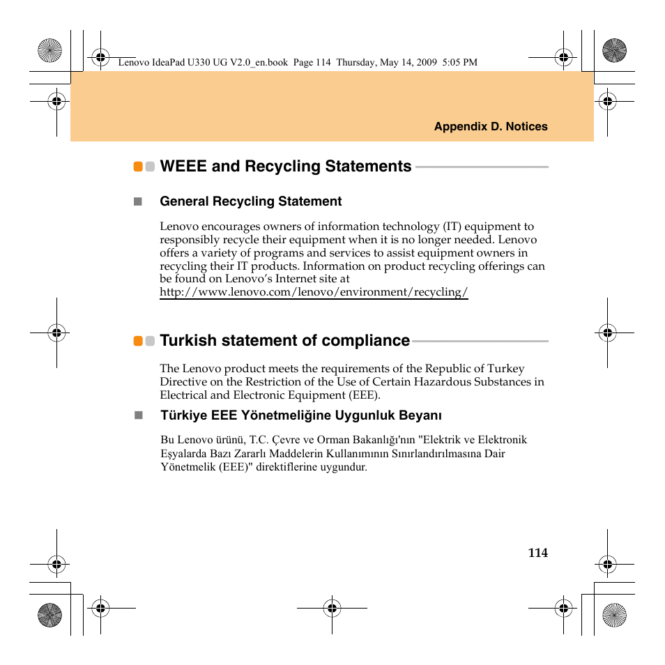 Weee and recycling statements, Turkish statement of compliance, Weee and recycling | Statements, Turkish statement of, Compliance | Lenovo IdeaPad U330 User Manual | Page 123 / 135