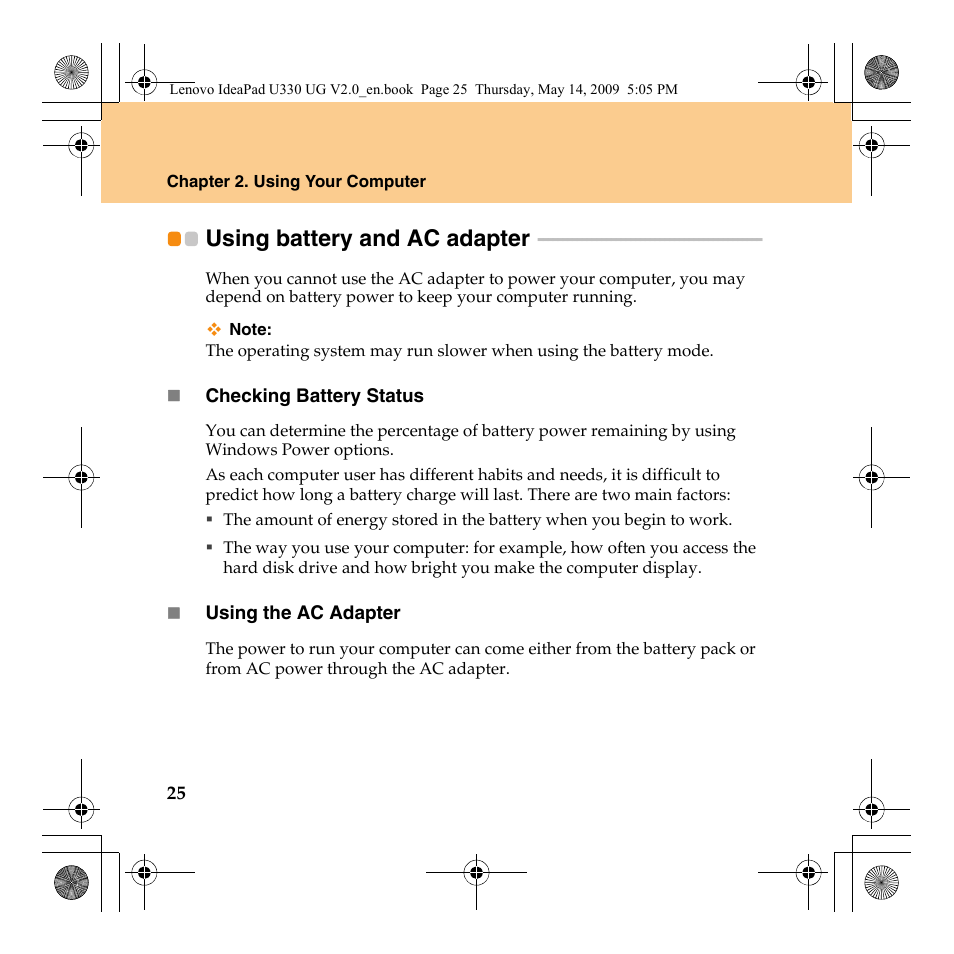 Using battery and ac adapter, Using battery and ac, Adapter | Lenovo IdeaPad U330 User Manual | Page 34 / 135