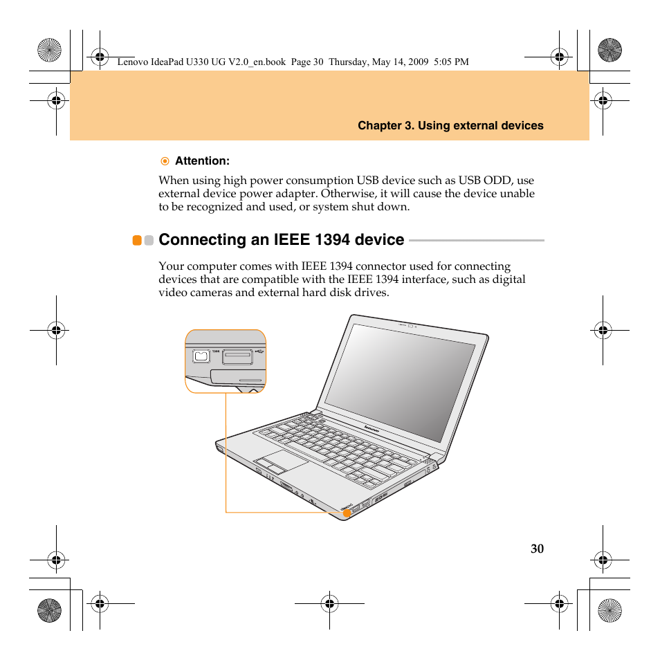 Connecting an ieee 1394 device, Connecting an ieee 1394, Device | Lenovo IdeaPad U330 User Manual | Page 39 / 135