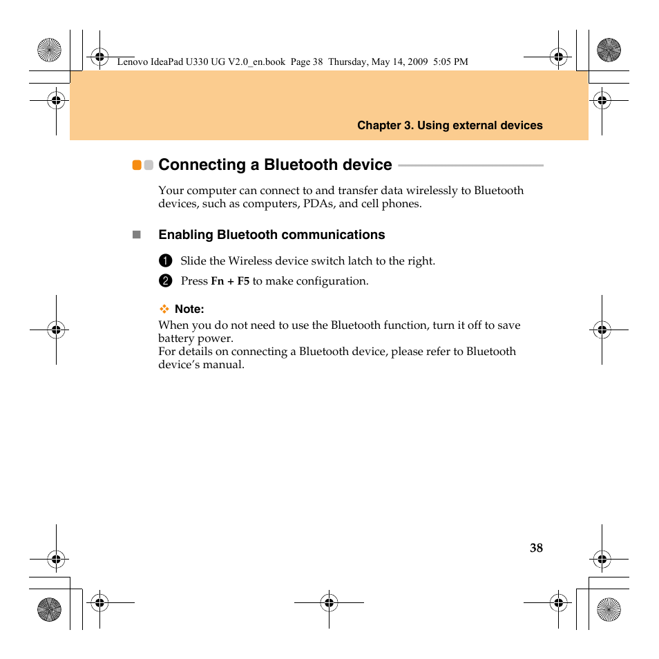 Connecting a bluetooth device, Connecting a bluetooth, Device | Lenovo IdeaPad U330 User Manual | Page 47 / 135