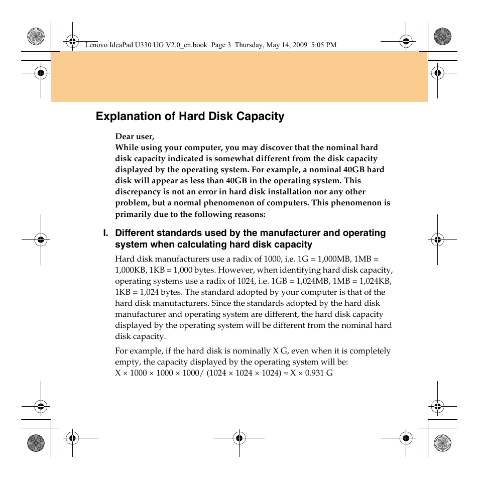 Explanation of hard disk capacity | Lenovo IdeaPad U330 User Manual | Page 5 / 135