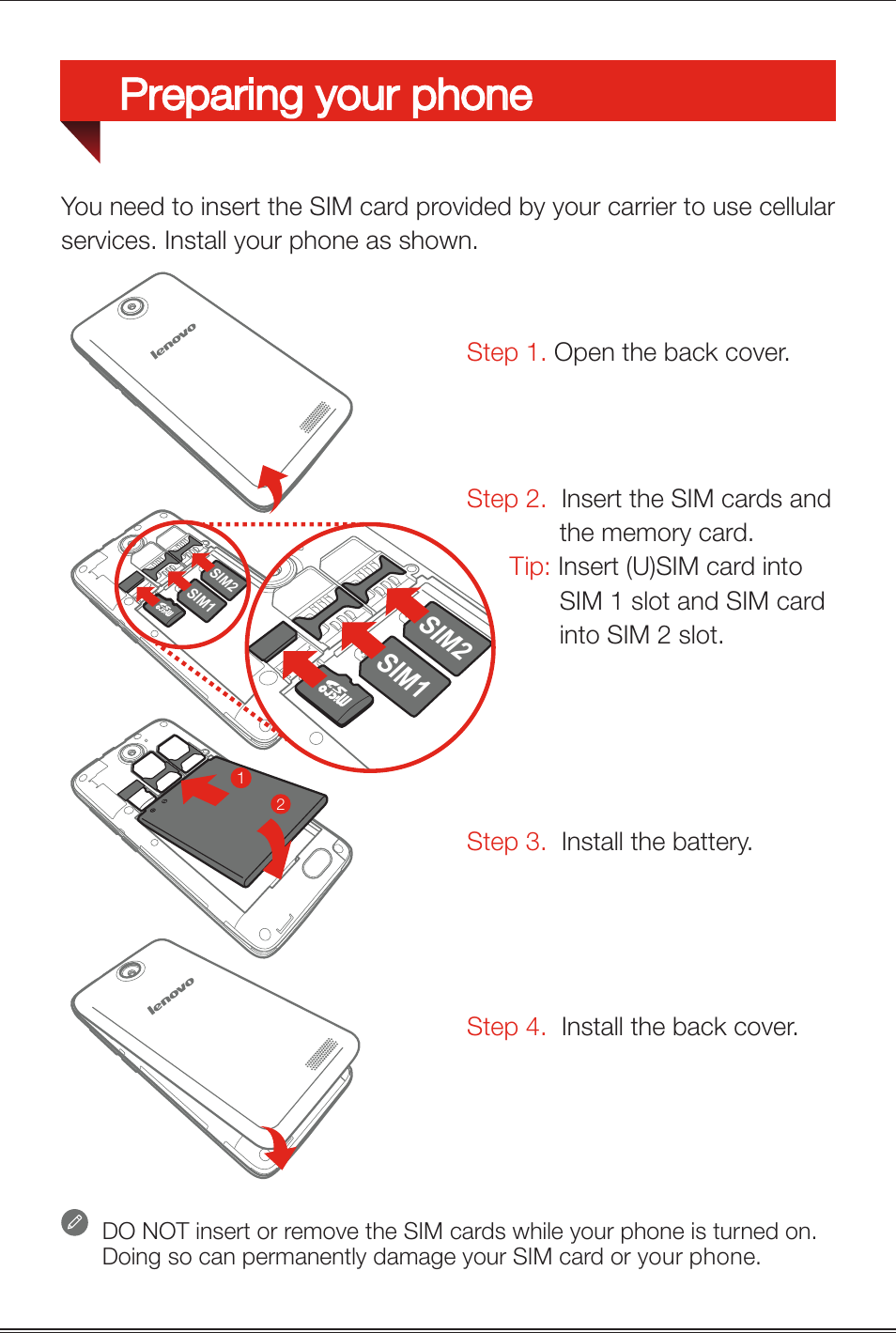 Preparing your phone, Sim1, Sim2 | Lenovo A526 Smartphone User Manual | Page 4 / 6