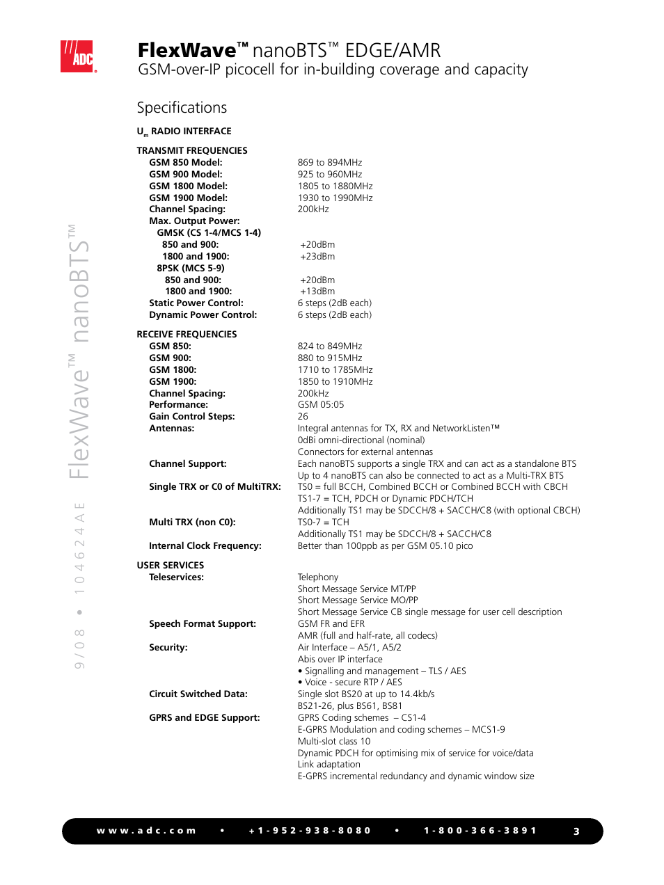 Flexw ave, Nanobts, Flexwave | Edge/amr, Specifications | ADC FlexWave nanoBTS User Manual | Page 3 / 4
